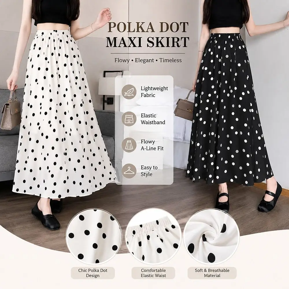 Fashion Polka Dot Polka Dot Maxi Skirt High Waist Lightweight High Waist Skirt A Line Elastic Waist A Line Skirt Beach Vacation