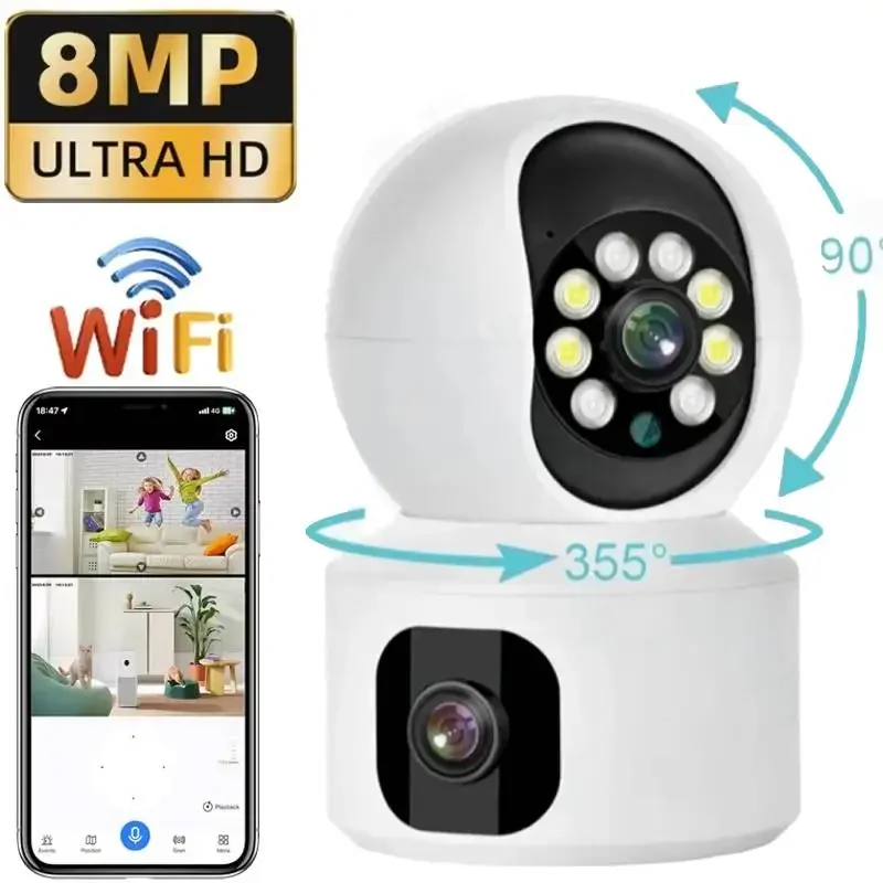 

8MP 4K WiFi Camera Dual Screen Indoor Surveillance Baby Pet Monitor Home Auto Tracking Two-way Audio Wireless PTZ IP Camera