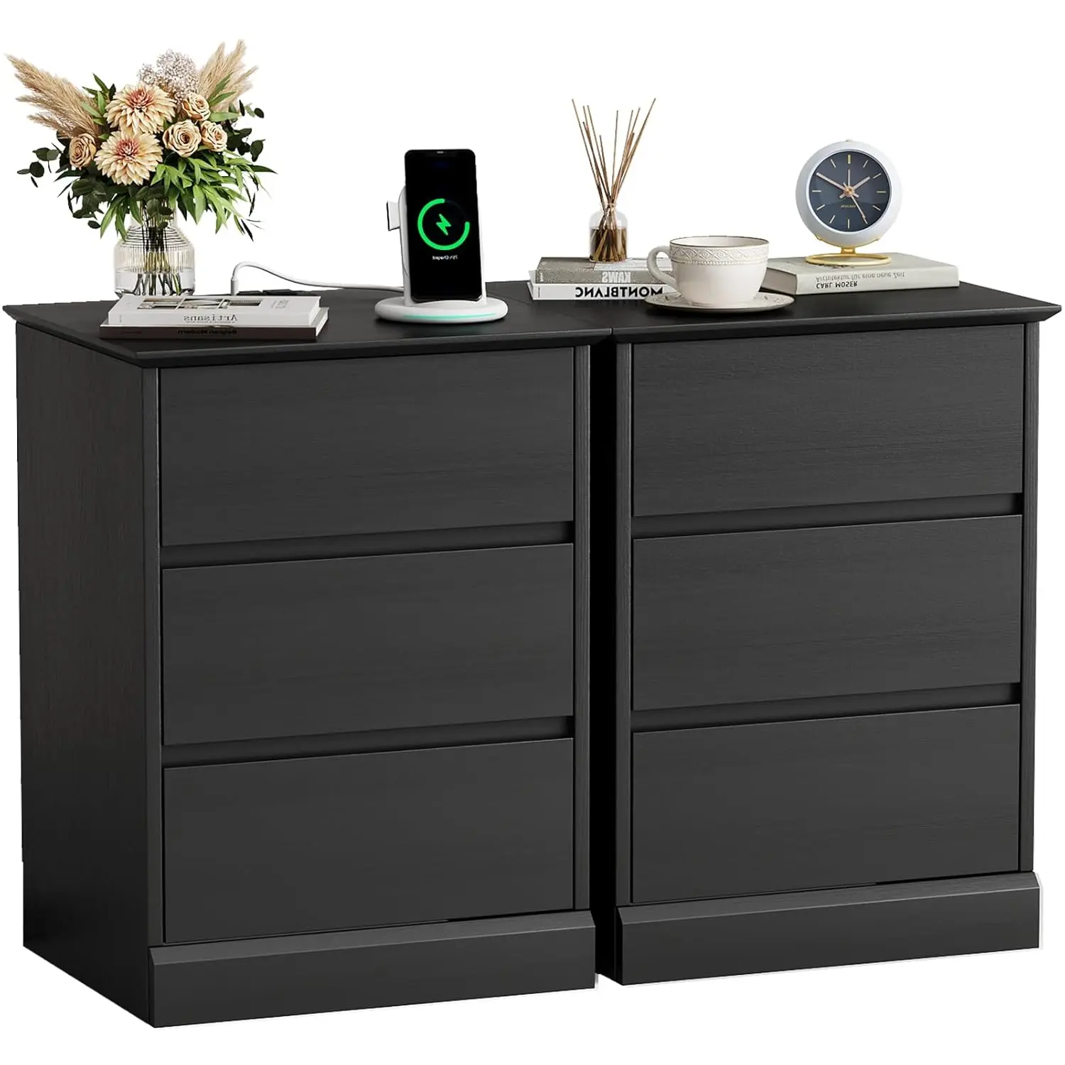 2 pcs Nightstand with Charging Station, Side Table with 3 Drawers, Wooden Bedside Table with Type C, USB Ports, Customized