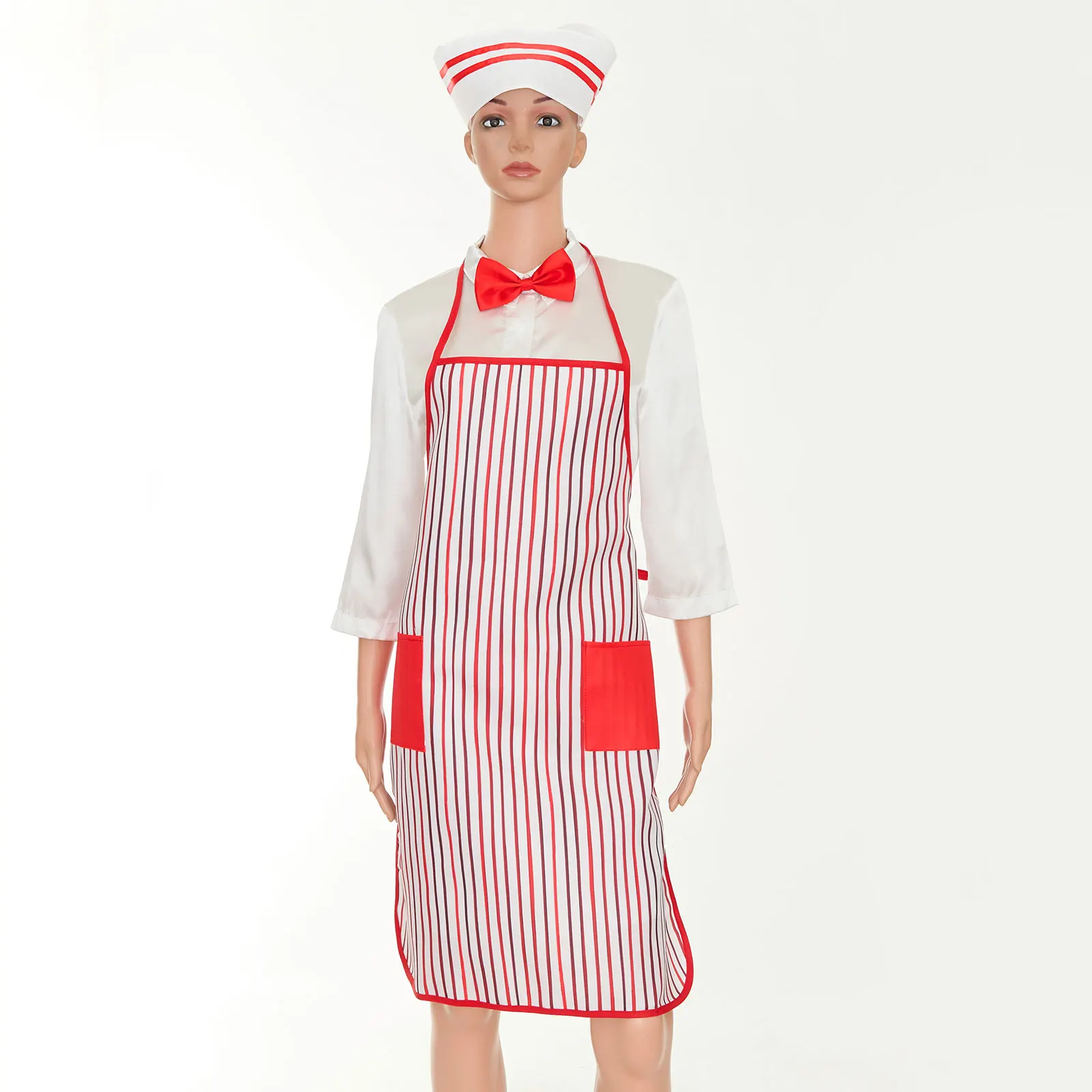 Cucina Chef ristorante cameriere Costume puntelli grembiule a righe con tasche papillon e cappello 3 pezzi accessori per Cosplay di Halloween