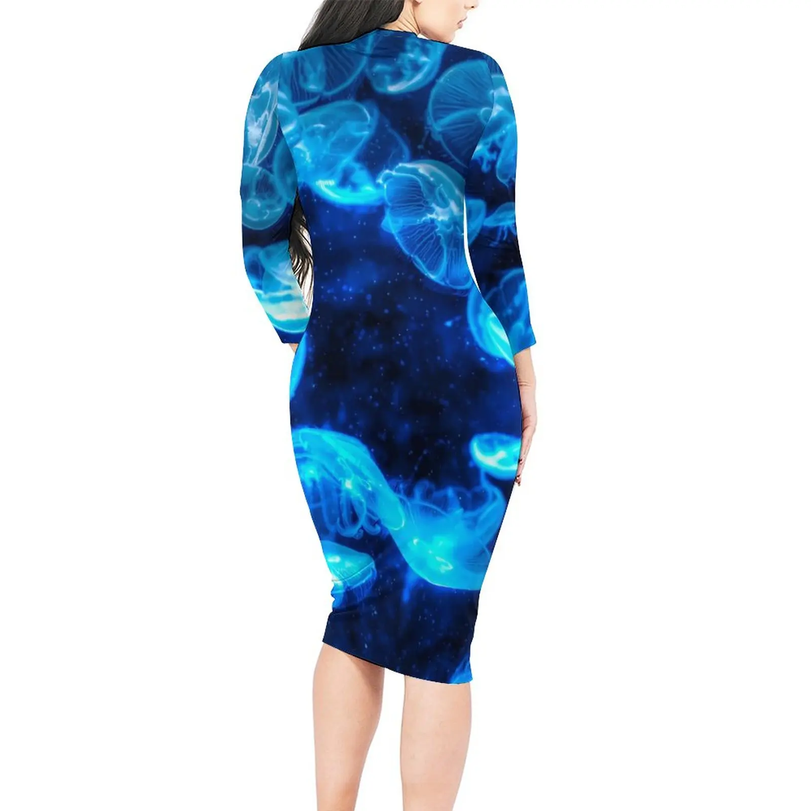 Nautical Jellies Print Dress Long Sleeve Blue Jellyfish Sexy Dresses Holiday Ladies Fashion Custom Bodycon Dress Big Size 5XL