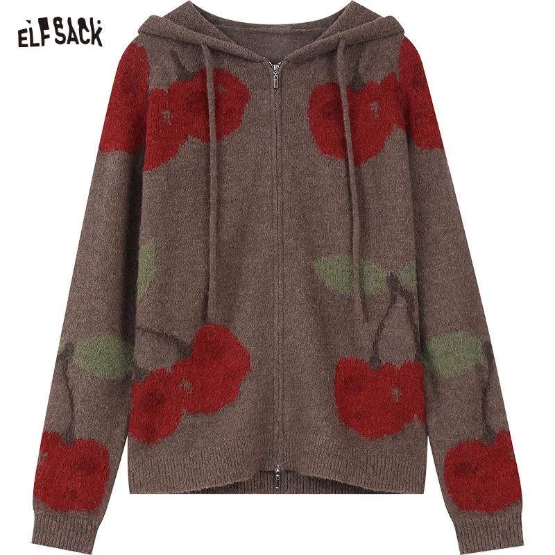 ELFSACK Christmas Cherry Hoodie Cardigan For Women 2023 Winter New KoreanFashion Tops