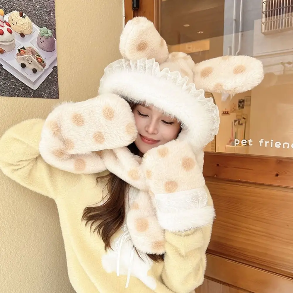 Cute Plush Plush Hat Three-piece Set Windproof Winter Scarf Warm Rabbit Ears Versatile Hat Winter
