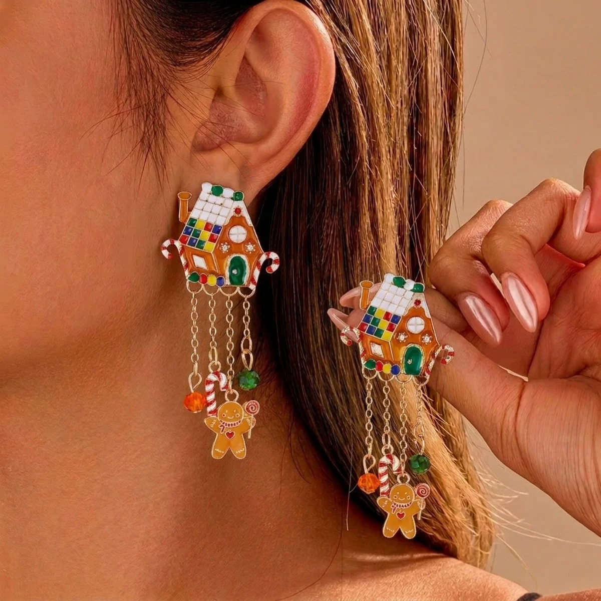 Weihnachtliche Emaille-Ohrringe mit Rentier-Motiv, Schleifen- und Quasten-Design für Damen, Weihnachtsmann-Schlitten, Süßigkeitenhaus, Geschenk-Schmuck – Detail 8