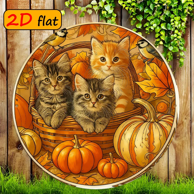 Flat Plane, /Plane, 1pc Pack, Round Sign, Depicting 3 Kittens, Pumpkin, Autumn Leaves And Birds, Perfect for Study, Dining Room