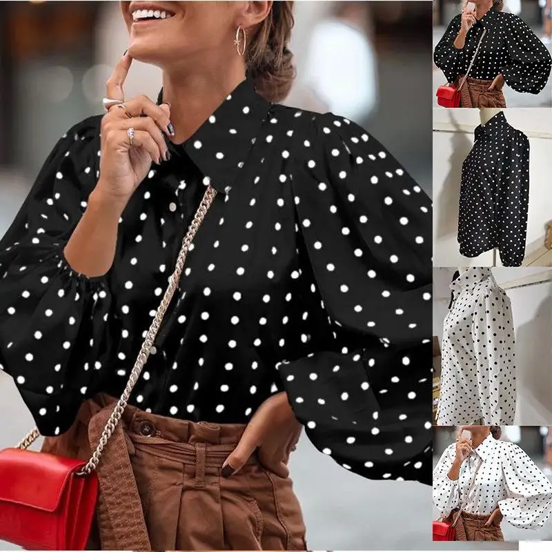 

Women's Long Sve Polka Dot Lantern irt Lapel Sle Loose Fit Polyester Fiber Non-Sinking Regular Thin Autumn Wear