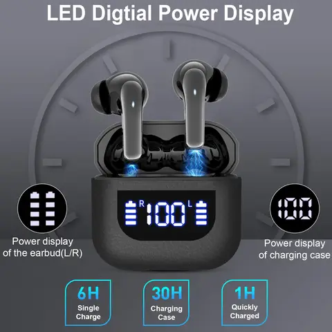 Wireless Earphone 40dB Noise Cancelling Bluetooth 5.3 Headphone with LED Display HD Call Earbuds for Business Office Travel Game