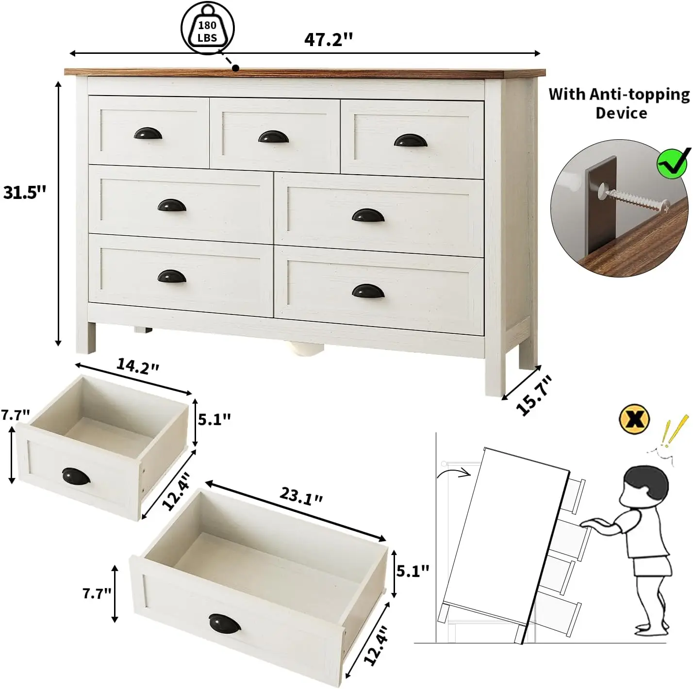 White Dresser for Bedroom, 7 Drawer Dresser with Vintage Black Handle, Wide Wood Dressers & Chests of Drawers for Hallway, Entry