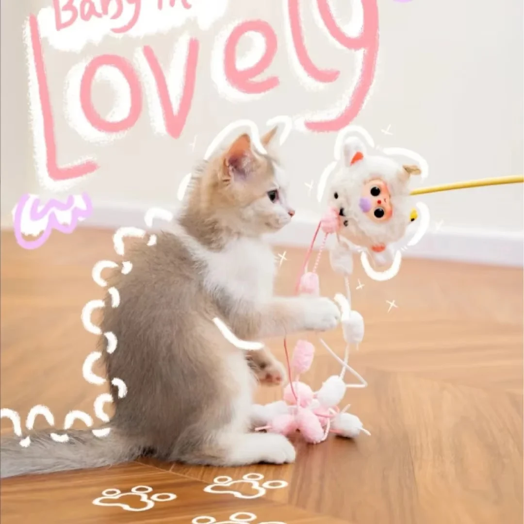 Interactive Three-Cat Teasing Stick Toy for Babies Plush Material with Small Bell Trendy Blind Box Pet Gift for Cat Lovers Warm