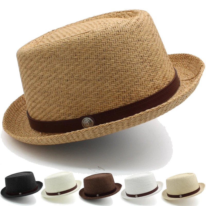 Men Women Straw Pork Pie Hats Summer Sunhat Boater Caps Sailor Sombrero Beach Fedora Trilby Outdoor Travel US Size 7 1/4 UK L