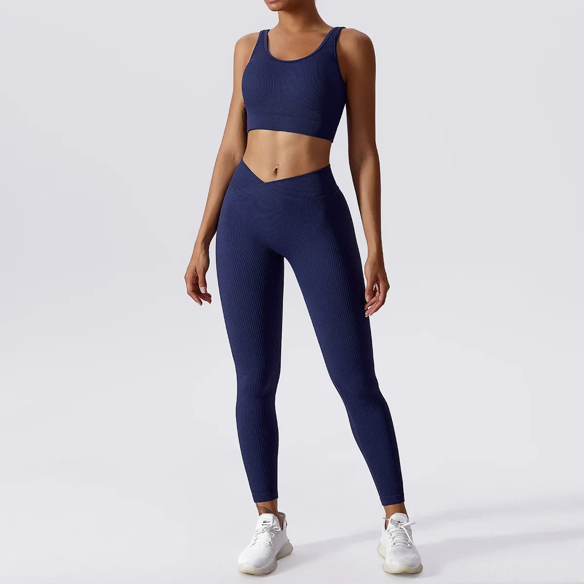 Seamless Ribbed Ensemble 2 Pieces Yoga Set for Women Halter Sport Vest Bra Leggings Tracksuit Running Gym Workout Fitness Shorts