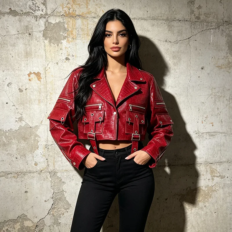 2026 Early Autumn Hot Girl Style Suit Notched Jacket Zippers Patchwork Multiple Pockets PU Leather Coat for Women