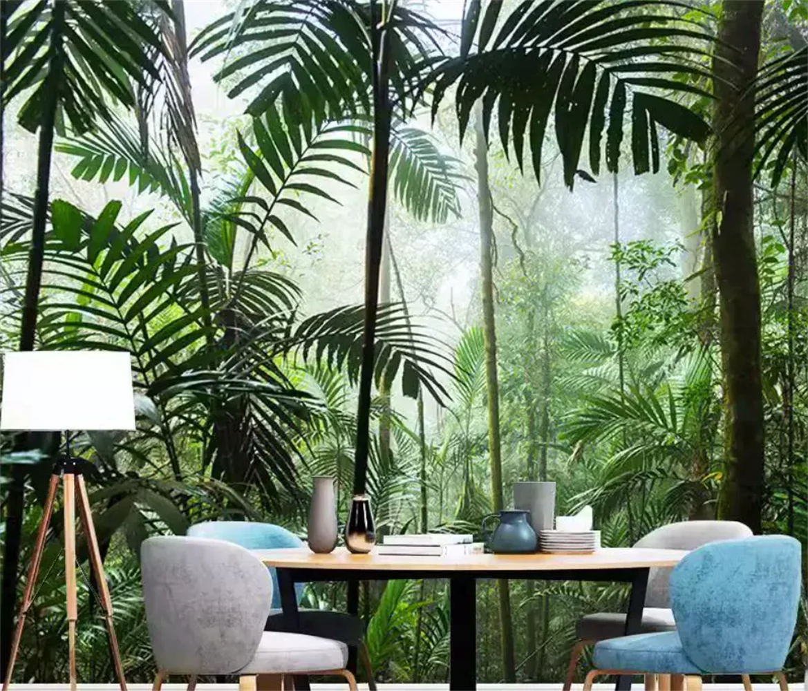 Southeast Asian style tropical rainforest plant wallpaper banana leaf hotel wall paper green plant forest mural
