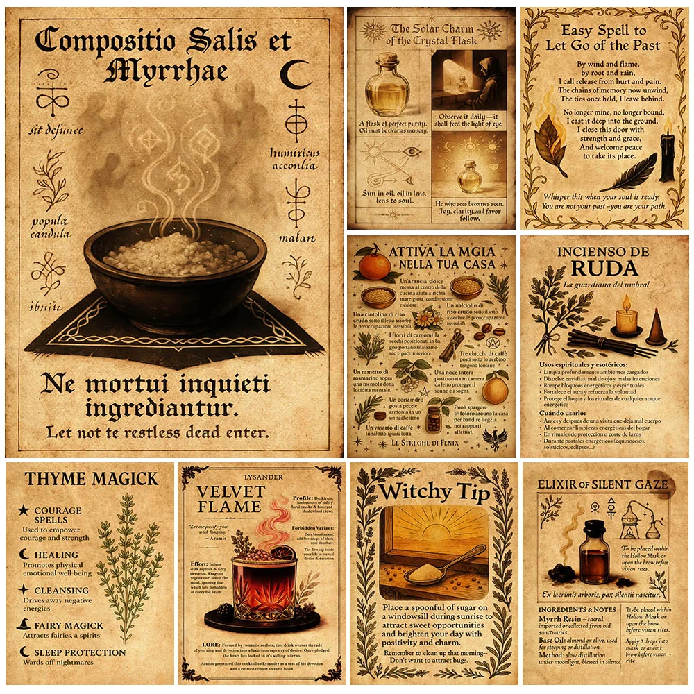 Antique Parchment Herb Magic Poster Print,Herbal Magic Ritual Recipe Poster Occult Lovers Altar Bedroom Dark Gothic Decor