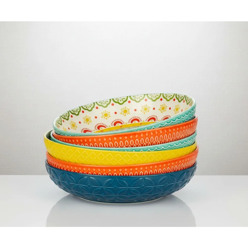 

36oz Handpainted Ceramic Pasta Bowls Set of 4, Colorful Shallow Dinner Plates for Spaghetti Salads Soup
