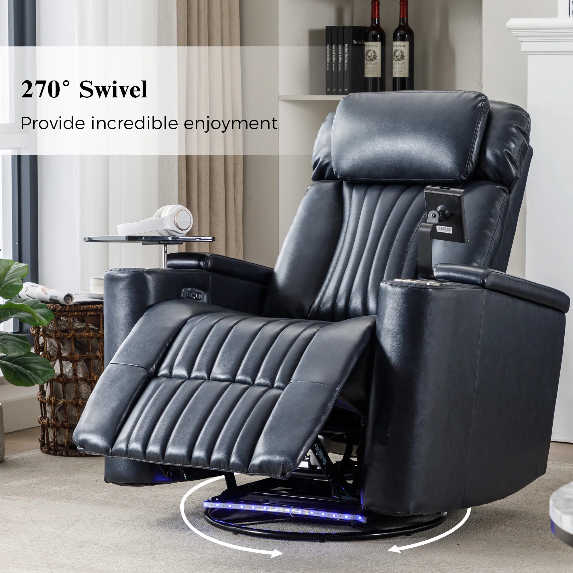 !@270° Power Swivel Recliner,Home Theater Seating With Hidden Arm Storage and LED Light Strip