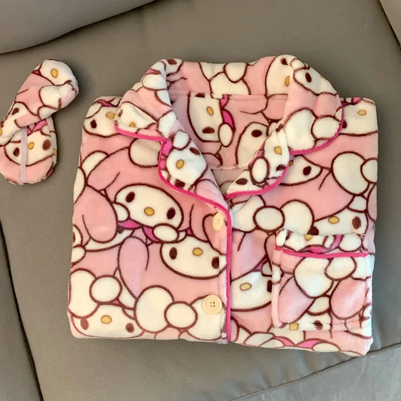 Winter Women's Hello Kitty Pajama Set Cartoon Flannel Pajamas Thickened Fluffy Plush Warm Comfortable Loose High Quality