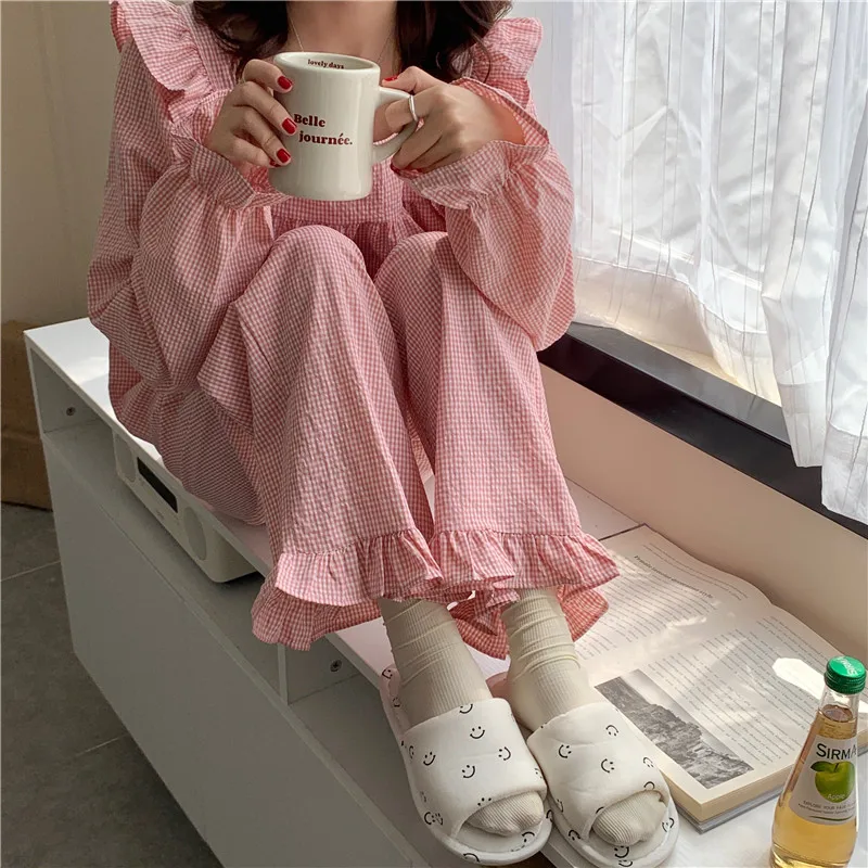 Korean Pink Plaid Autumn Pajamas Set Women Square Collar Ruffles Shirts + Trousers Cotton Sleepwear Ins Loose Vintage Sleepwear