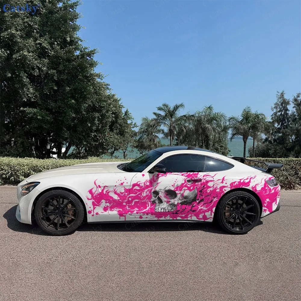 2pcs Magenta Splatter Flame Skull Car Side Wraps, Self-Adhesive PVC Waterproof & Scratch-Resistant Stickers, Car Accessory Gift