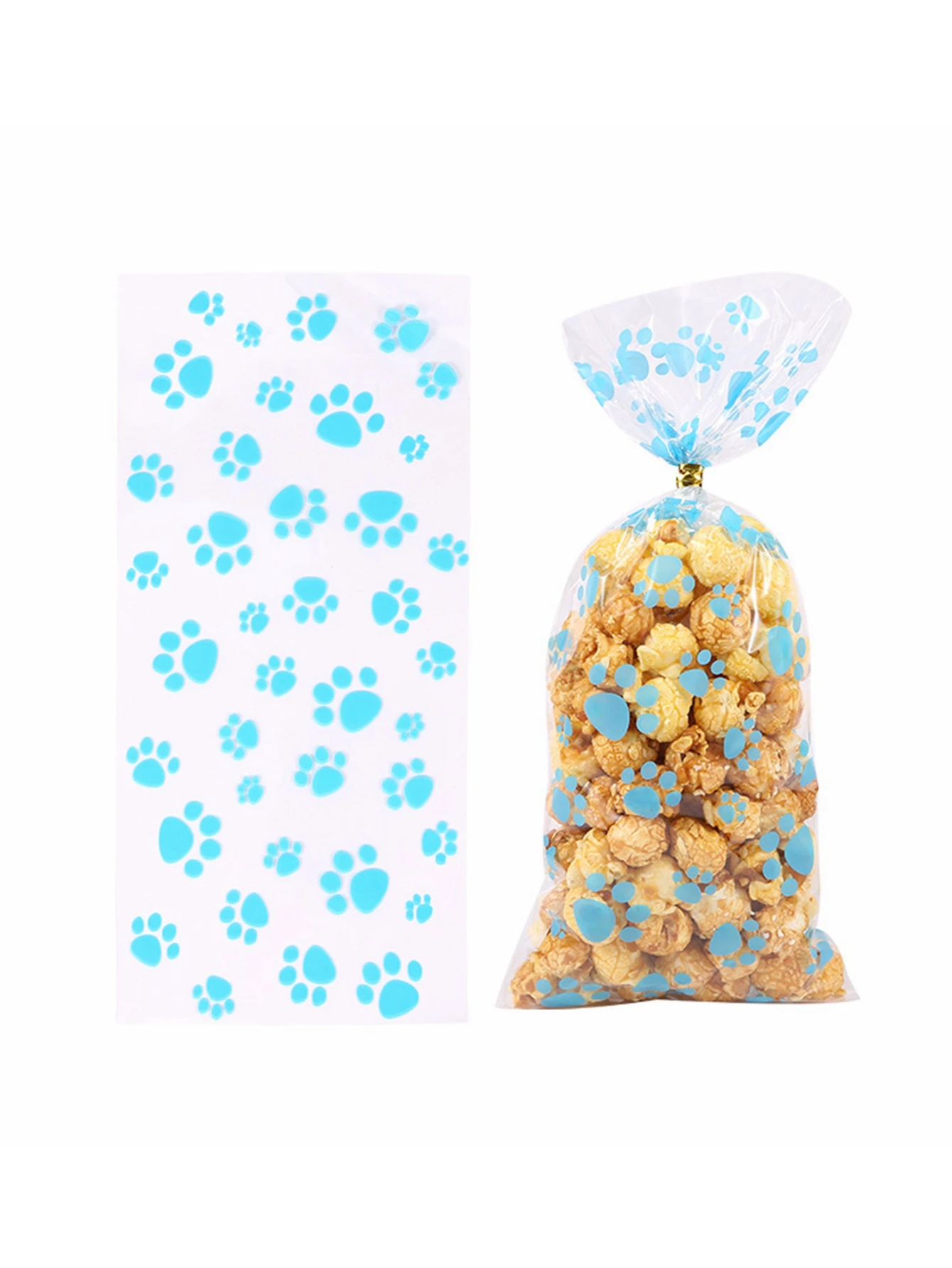 50pcs Blue And Black Opp Flat Pocket, Cartoon Dog Footprint Gift Candy Bags With Gold Tie For Activity Event And Party Gift Deco