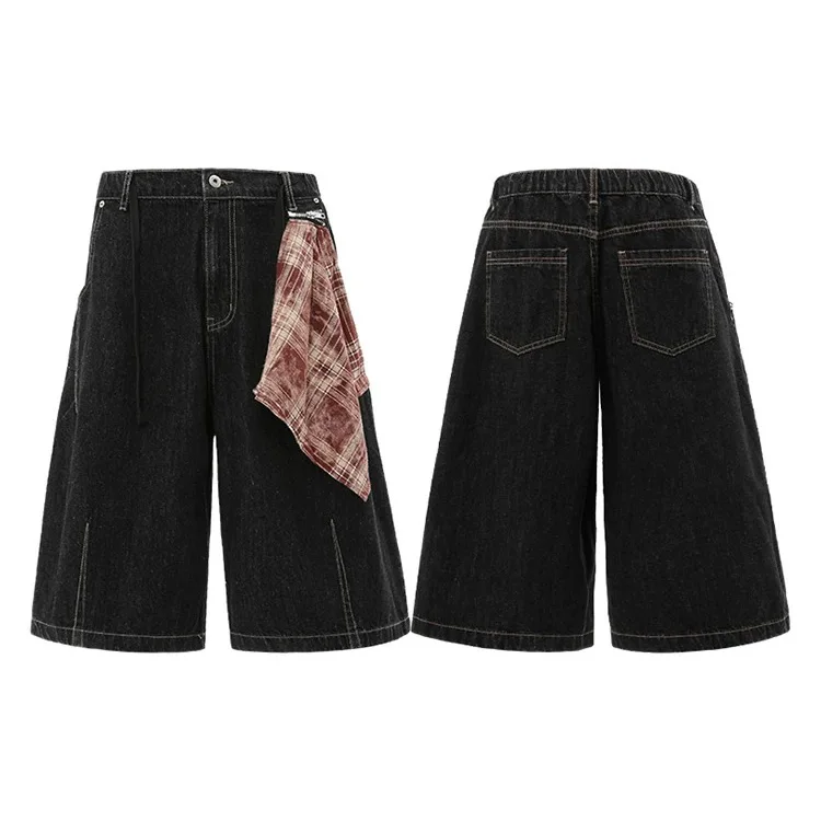 Men's Casual Summer Oversized Denim Shorts Woven Straight Style with Mid Waist Crystal Decoration