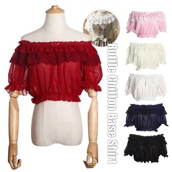 Women Sheer Mesh Puff Sleeve Tops Sweet Princess Lolita Tops Kawaii Lace Ruffled Bottoming Tube Tops Mori Girl Bottom Blouses