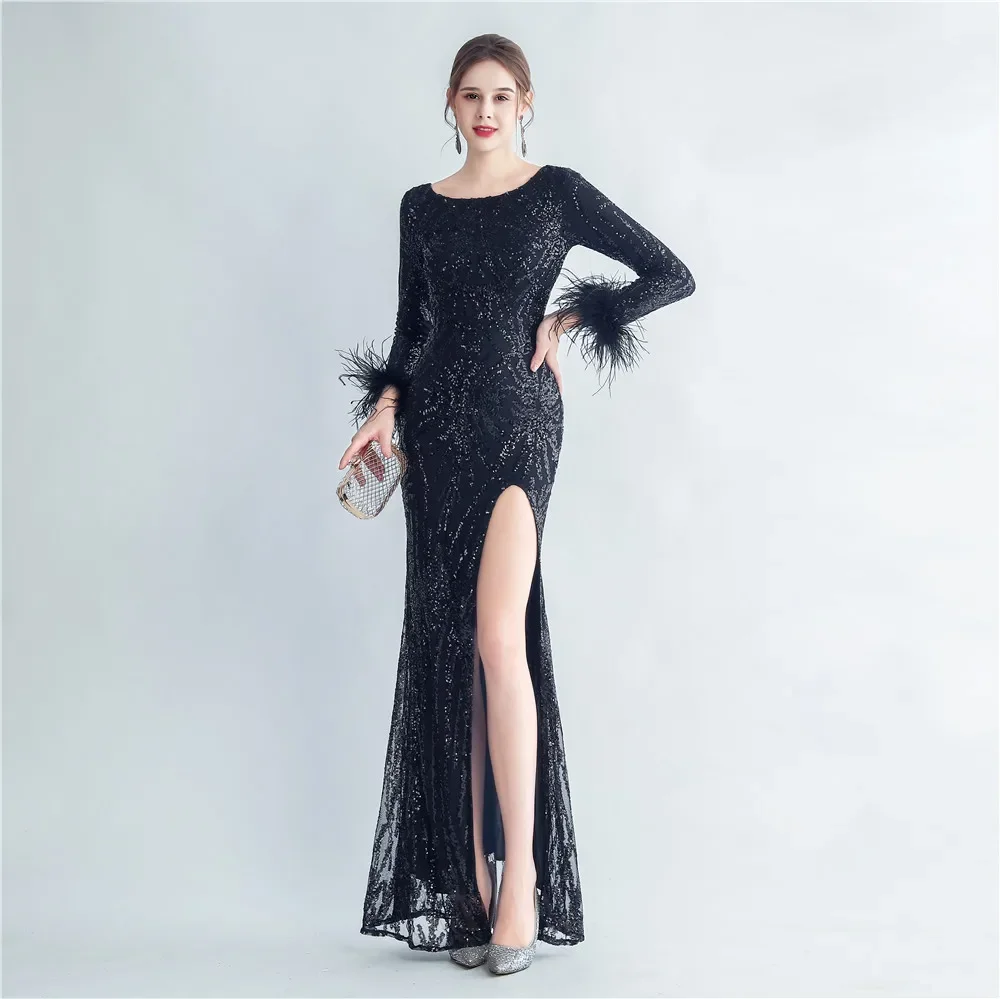 Luxury Elegant with A Bling and Feathers Women Long Dresses Split Sequin Glitter Evening Wedding Guest Special Events Formal