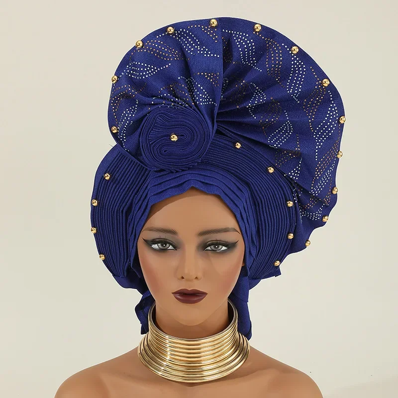 Latest Aso Oke Auto Gele Headtie Already Handmade African Cap Nigerian Wedding Gele Women Turbans Head Wraps Hijab Bonnet Mujer