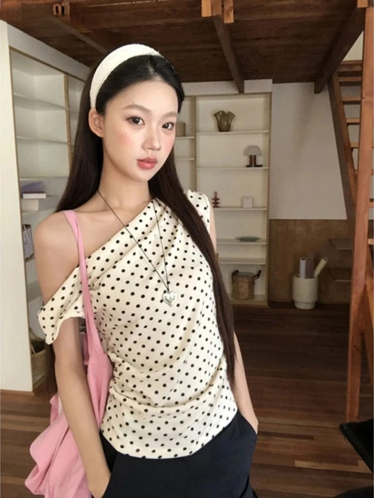 

Sexy Woman T Shirts Slash Neck Off Shoulder Polka Dot Tees 2025 Ropa Mujer Vintage Summer Tshirts Fashion Korean Tunic Camisetas