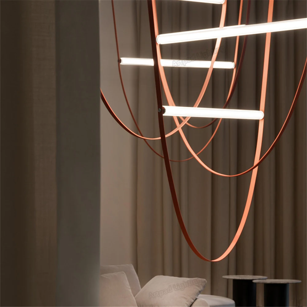 Nordic Leather Belt Led Chandelier For Living Room Staircase Loft  Hall Art Belt Pendant Light Stairway Wireline Pendant Lamp