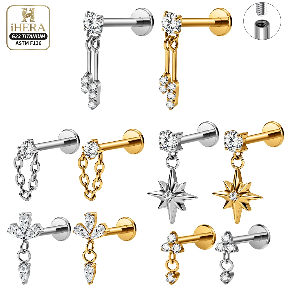 ASTM F136 Titan Flachrücken-Labret-Piercing Funkelnder Stern-Blumen-Ohrring Knorpel Helix Tragus Conch Nasenstecker Schmuck-Set