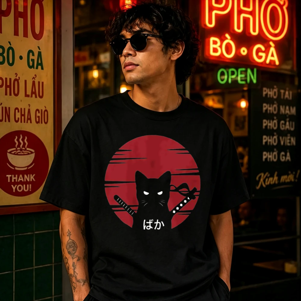 Japanese Samurai Cat Double Katana Red Sunset Circle Baka Kanji Graphic Cotton T Shirt Retro Anime Streetwear Daily Casual Tees
