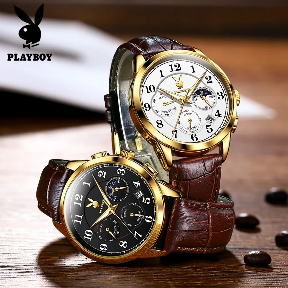 PLAYBOY High Quality Original Quartz Watch for Men Elegant Fashion Men\'s Wrist Watches Waterproof Leather Strap Luxury Man Watch