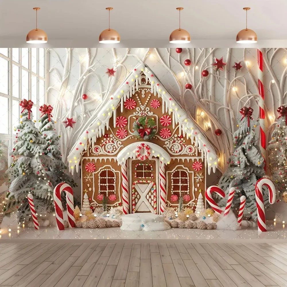 

Winter Christmas Bear Gingerbread House Candy Photography Background, Children's Family Portrait Decoration Photography Backdrop
