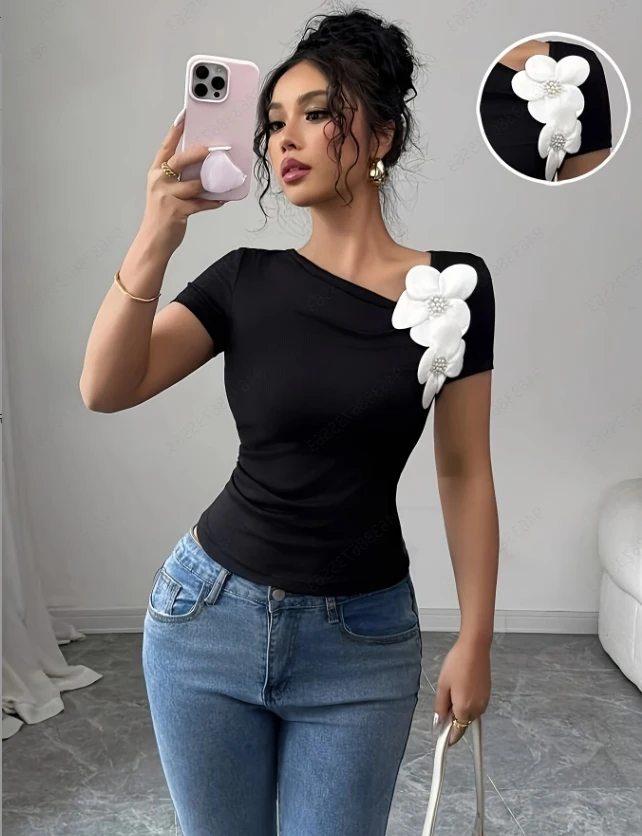 

Elegant leisure high-end lady short sleeve spring and summer flower temperament T-shirt