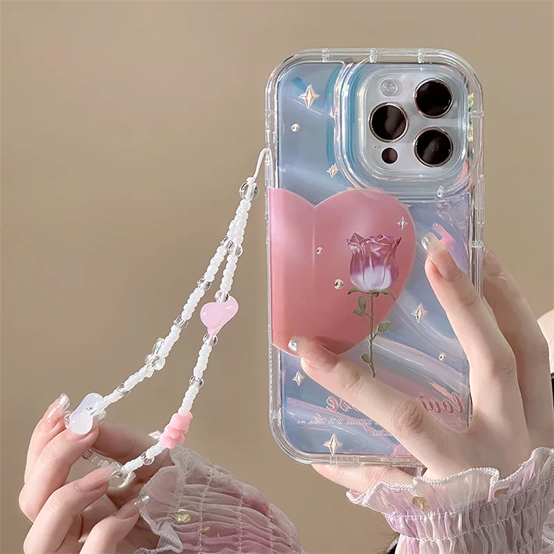 

Pink Love Heart Bracelet Chain Case For iPhone 16 Pro Max 15 14 13 12 11 Pro Cover Funda Soft Aurora Gradient Laser With Lanyard