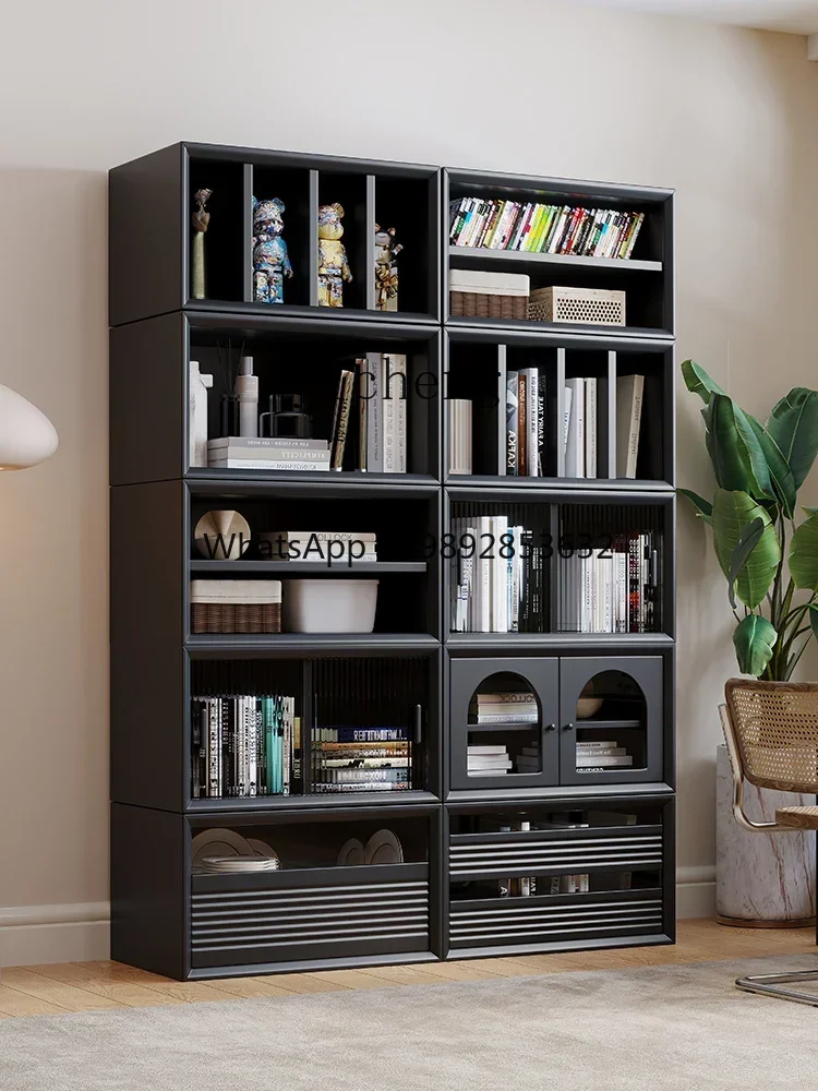 Black Vintage Solid Wood Combined Bookcase Living Room Multi-Function TV Cabinet Storage Grid Cabinet