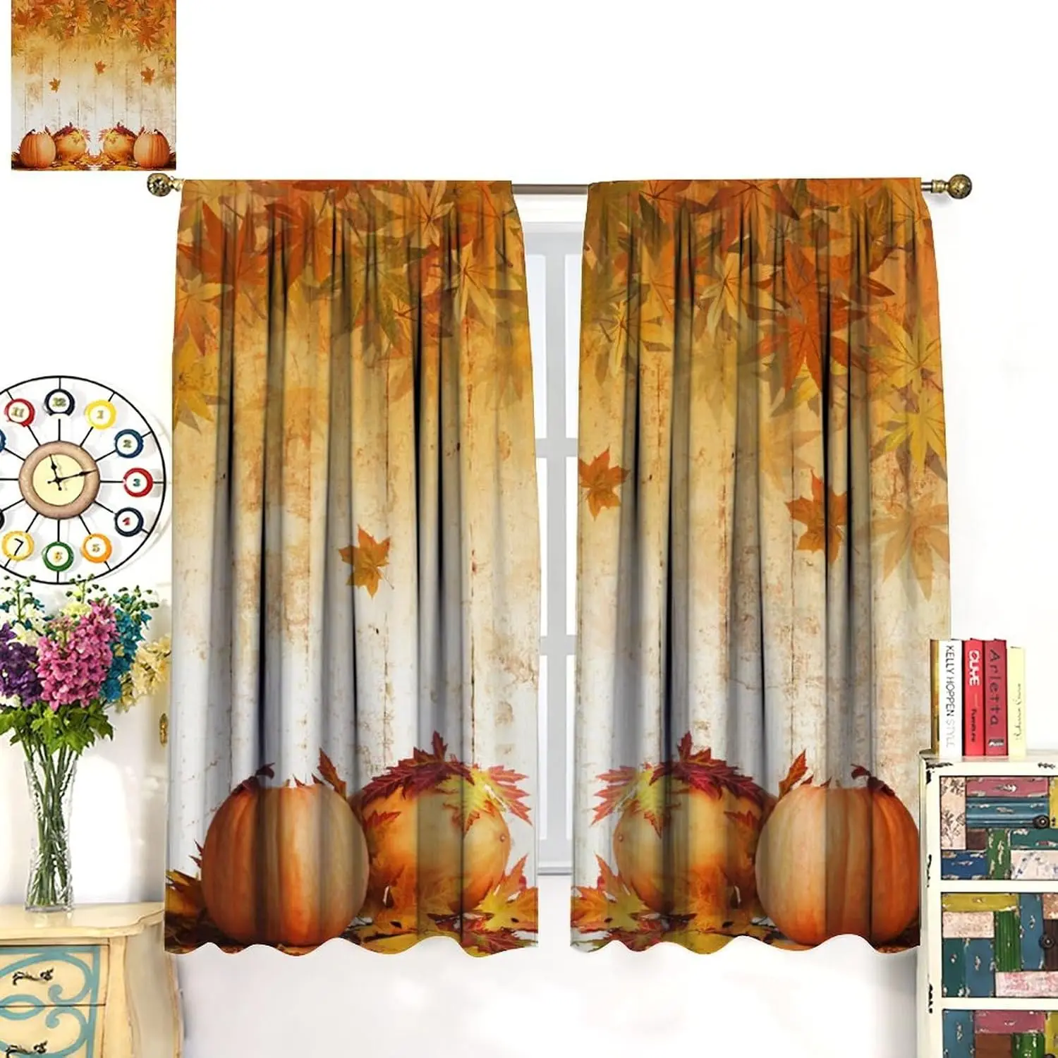 Autumn Pumpkin Window Curtains, Rustic Farmhouse Orange Fall Halloween Maple Leaves Harvest Blackout Rod Pocket Window Drapes