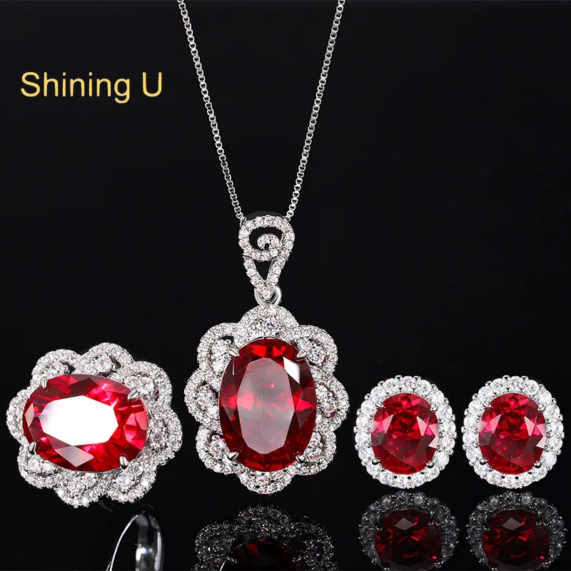 

Сияющий U Винтаж 13*18 мм овальный рубин комплект ювелирных изделий ожерелье серьги кольцо вечерние украшения Новый год