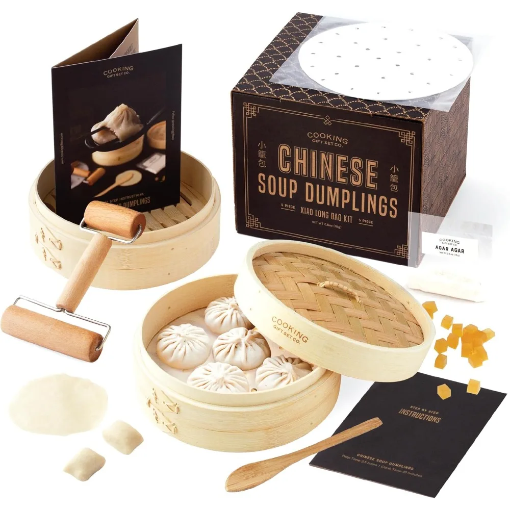 

New Upgraded Set Co. Bamboo Steamer Basket Original Soup Dumpling Kit with Agar Agar, Dough Roller, Spoon, Liners