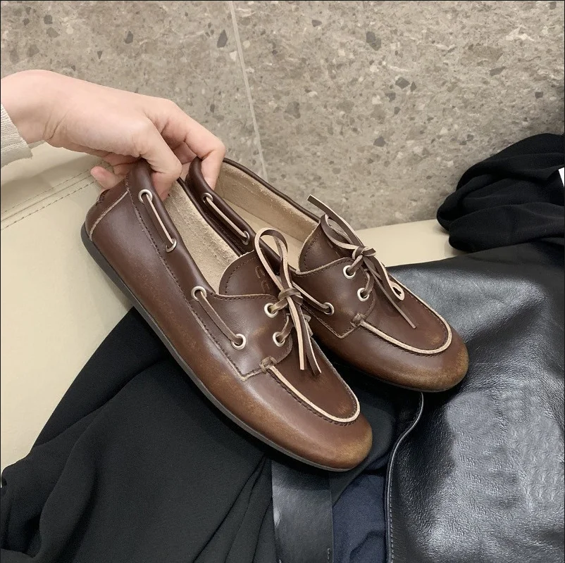 

Праздничная прогулочная обувь с узлами, лоферы на плоской подошве, женские винтажные коричневые туфли из коровьей кожи, удобные дизайнерские мокасины, светские туфли-лодочки для подиума