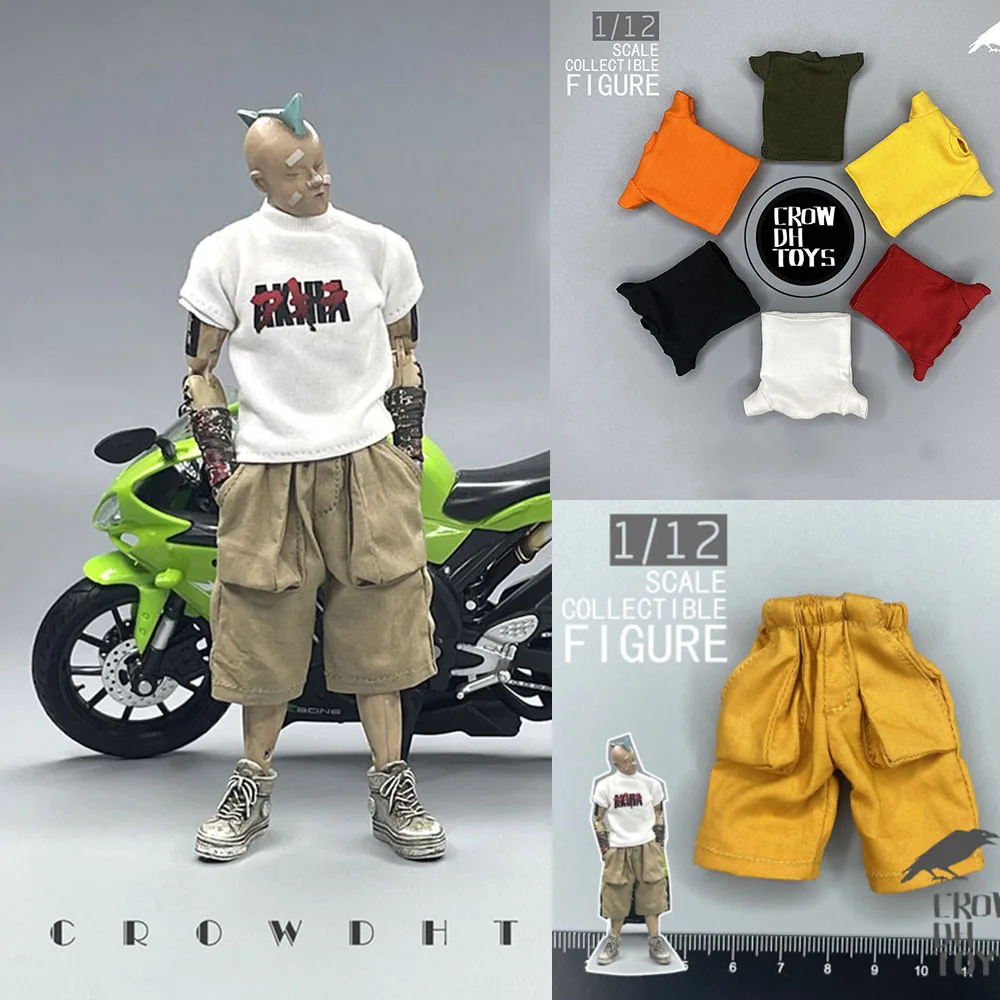 

1/12 Men Soldier Cargo Shorts Street Style Simple Loose Large Pocket Overalls Candy Round Neck Shirt For 6" Action Figures Model