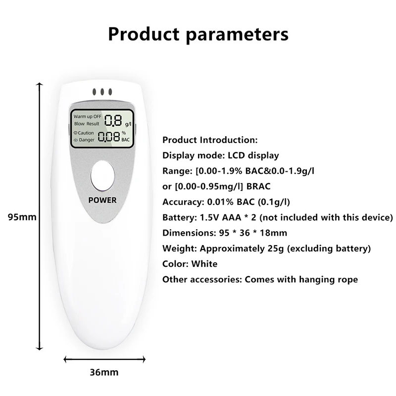 Compact Breathalyzer with Digital LCD Display No-Contact Alcohol Meter Alcohol Detection