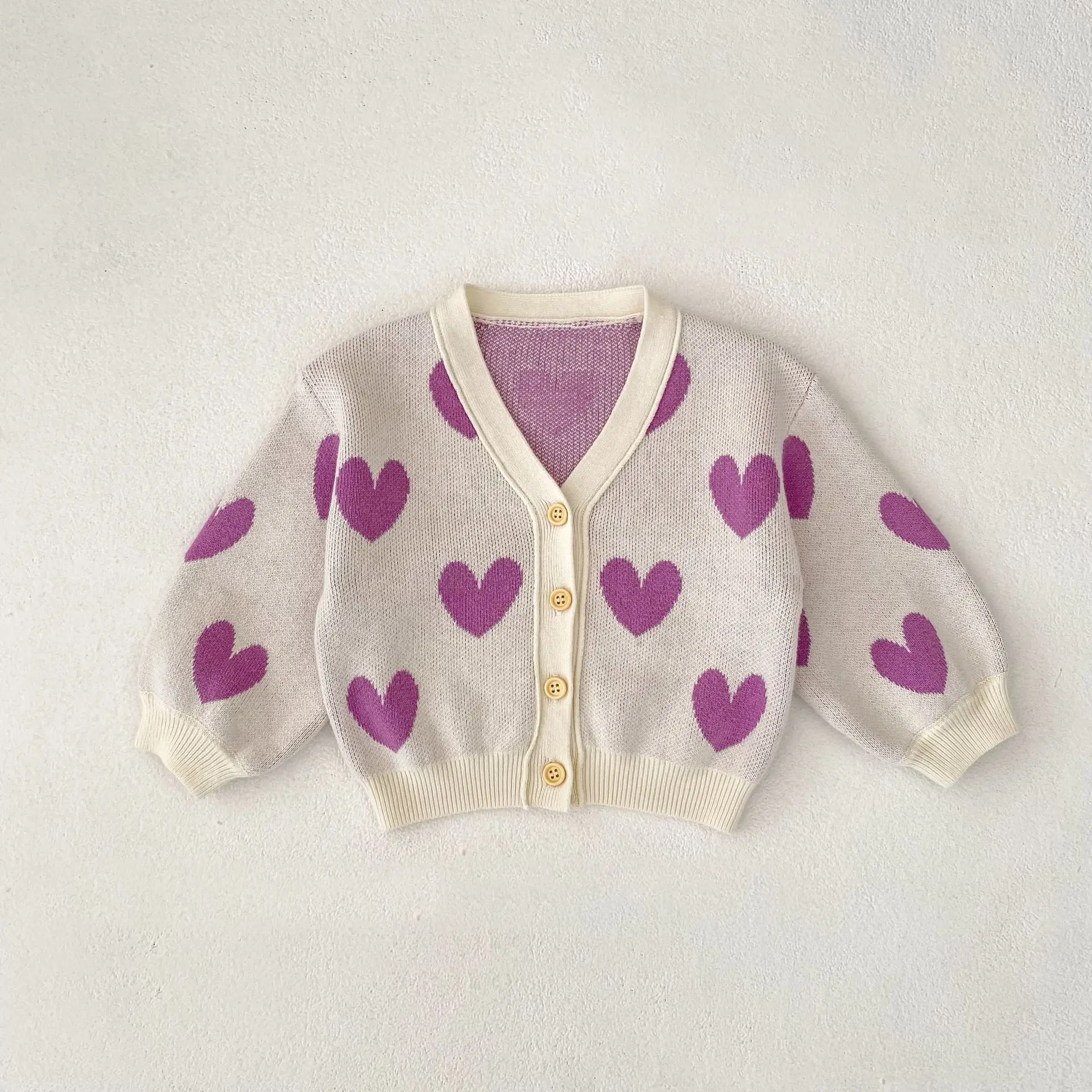 

2025 Autumn New Baby Girl Heart Print Knitted Cardigan Children Long Sleeve Casual Coat Infant Girls Knit Coat Kids Clothes