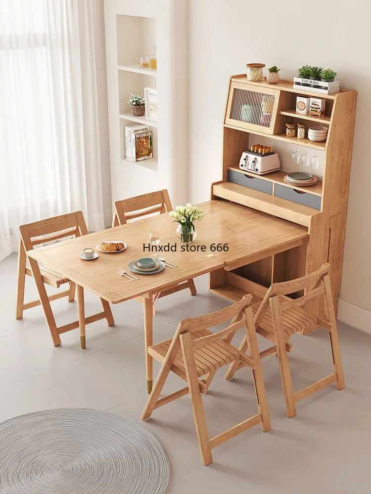 Nordic solid wood small apartment telescopic folding dining table, chairs and side cabinets integrated combination