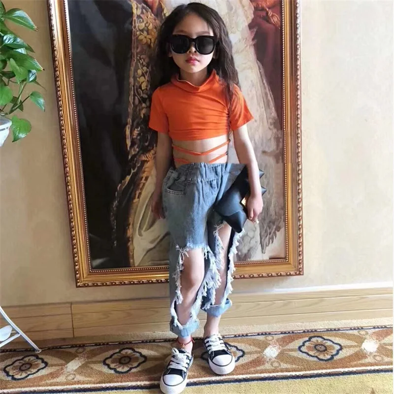 Girls' Trousers Super Knee-Breaking Jeans Skinny Pants25Summer New Foreign Trade Children's Wear Delivery3-8Years Old