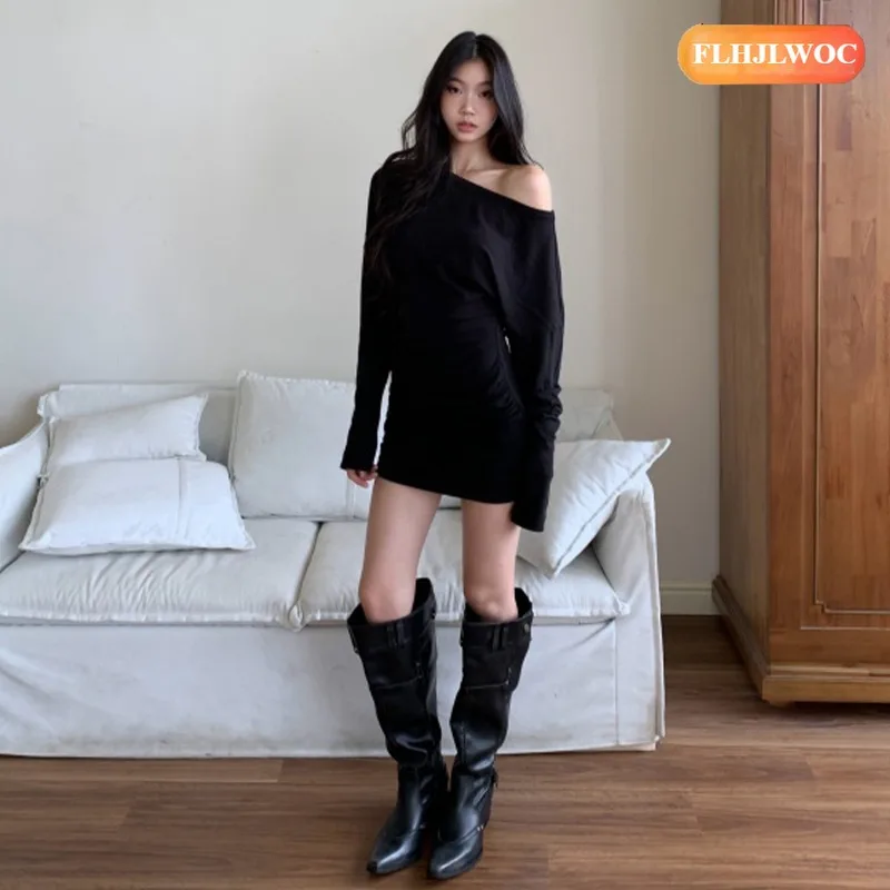 واحد قبالة الكتف فساتين صغيرة السنة الجديدة لطيف الفتيات تاريخ امرأة طويلة الأكمام عارضة الرجعية خمر الفرنسية تصميم قميص أسود اللباس #4