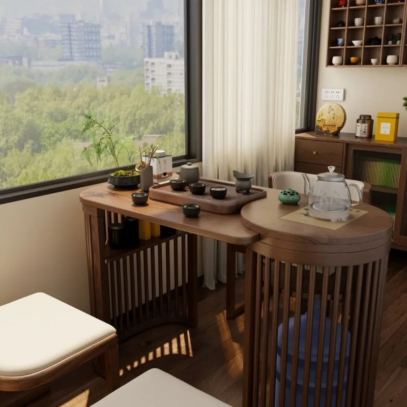 Solid wood new Chinese balcony tea table chair small apartment three-piece set coffee small household