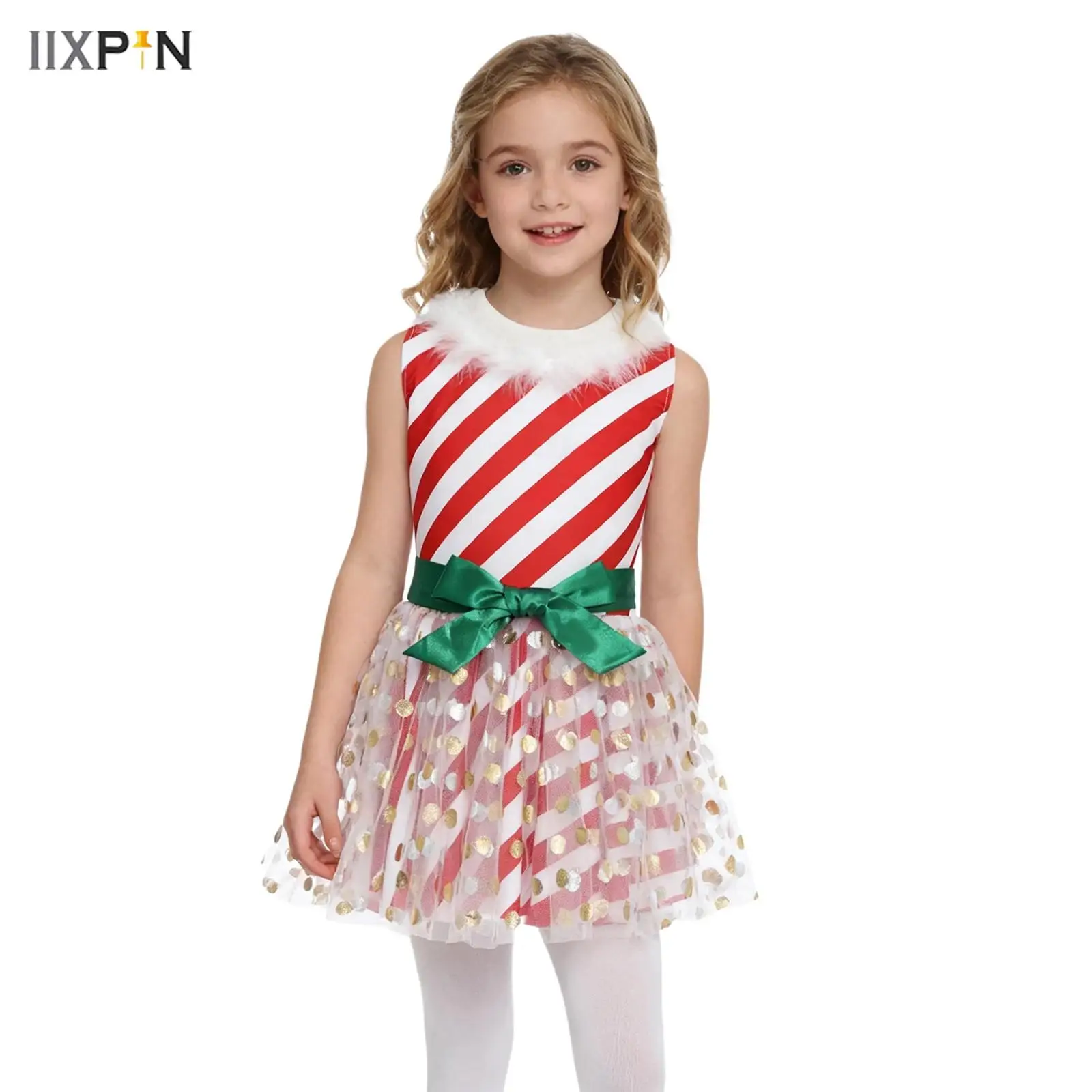 

Girls Christmas Elf Cosplay Dress Fuzzy Crew Neck Sleeveless Metallic Dot Tulle Striped Dress for Xmas Party Cane Masquerade