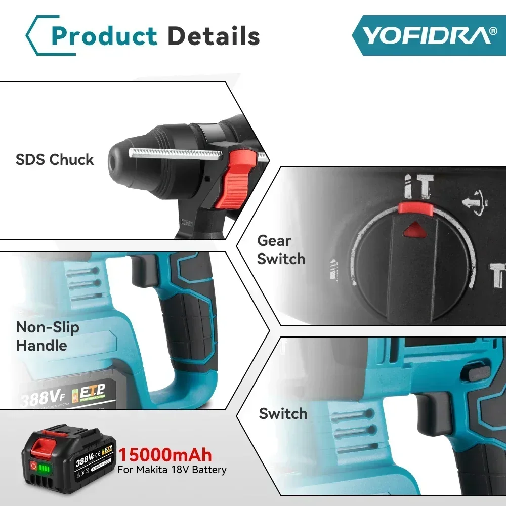 YOFIDRA 26MM Brushless Electric Hammer Drill Multifunctional Rotary Cordless Rechargeable Power Tools For Makita 18V Battery